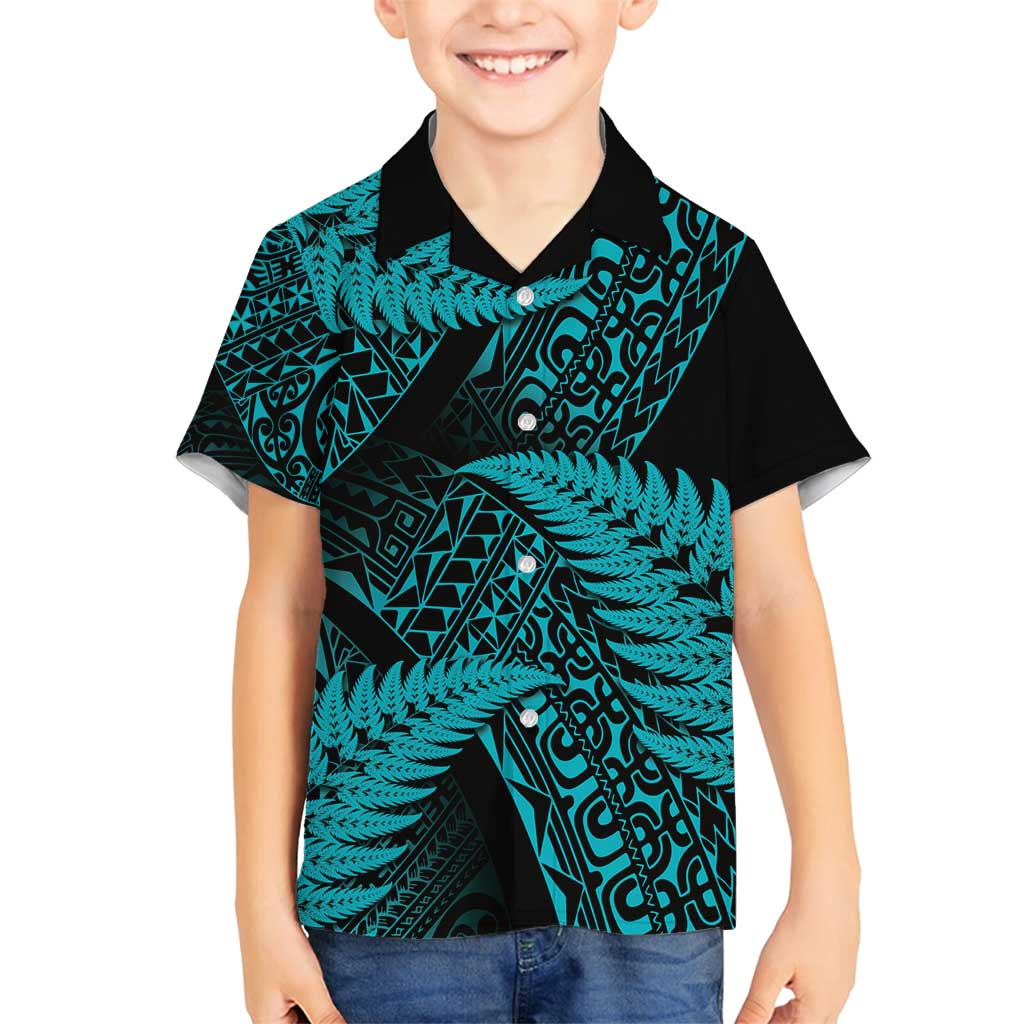 New Zealand Rugby Pacific Personalised Family Matching Off Shoulder Maxi Dress and Hawaiian Shirt All Turquoise Maori Pasifika Fern Pattern LT9 Son's Shirt Turquoise - Polynesian Pride