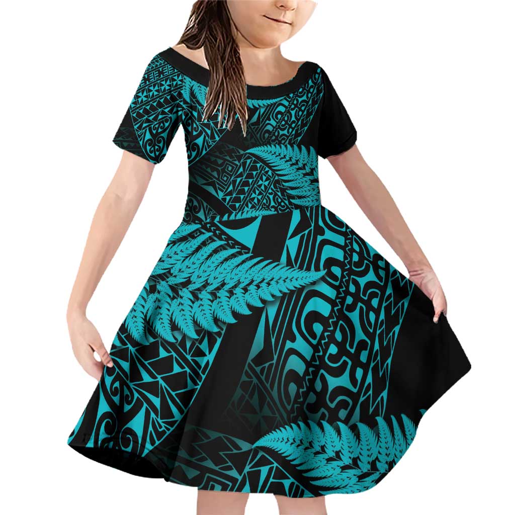 New Zealand Rugby Pacific Personalised Family Matching Off Shoulder Short Dress and Hawaiian Shirt All Turquoise Maori Pasifika Fern Pattern LT9 Daughter's Dress Turquoise - Polynesian Pride