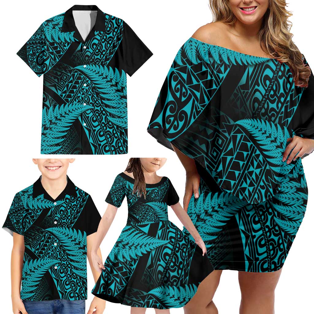 New Zealand Rugby Pacific Personalised Family Matching Off Shoulder Short Dress and Hawaiian Shirt All Turquoise Maori Pasifika Fern Pattern LT9 - Polynesian Pride