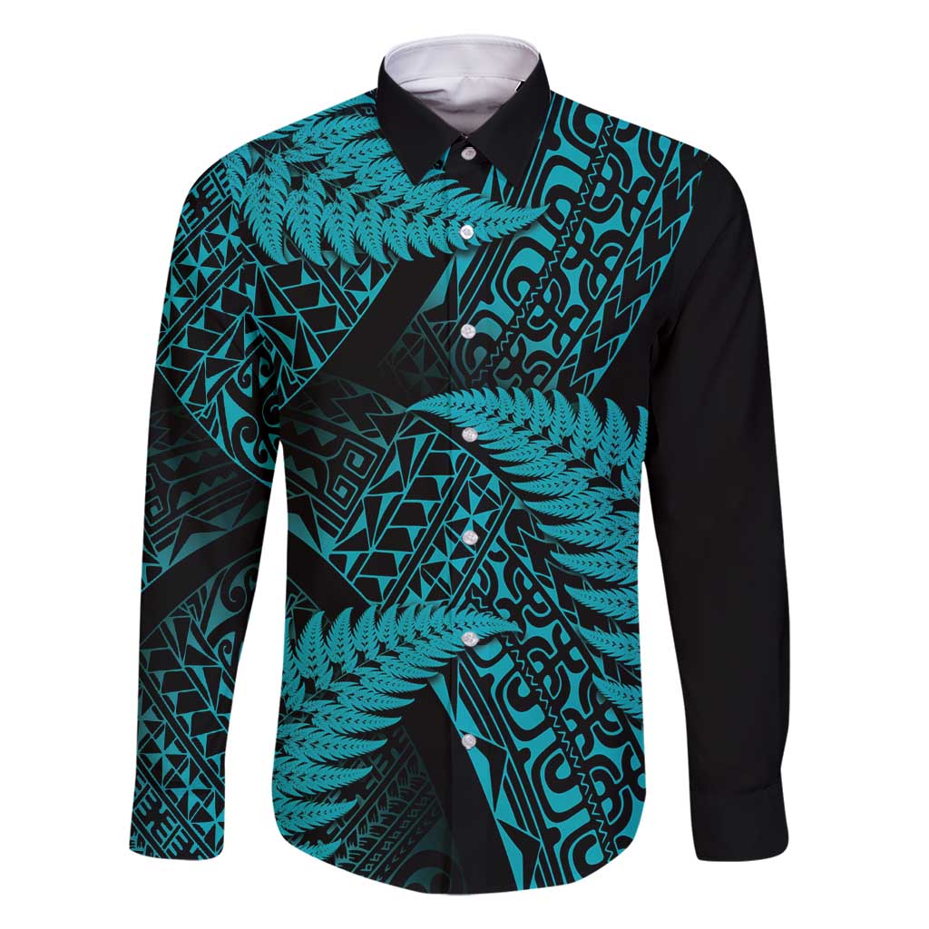 New Zealand Rugby Pacific Personalised Family Matching Off Shoulder Short Dress and Hawaiian Shirt All Turquoise Maori Pasifika Fern Pattern LT9 Dad's Shirt - Long Sleeve Turquoise - Polynesian Pride