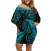 New Zealand Rugby Pacific Personalised Family Matching Off Shoulder Short Dress and Hawaiian Shirt All Turquoise Maori Pasifika Fern Pattern LT9 Mom's Dress Turquoise - Polynesian Pride