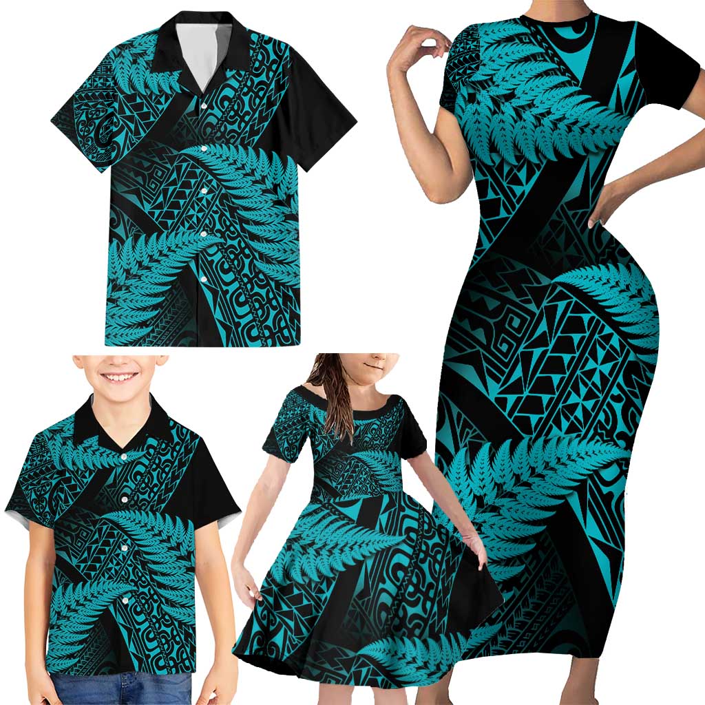 New Zealand Rugby Pacific Personalised Family Matching Short Sleeve Bodycon Dress and Hawaiian Shirt All Turquoise Maori Pasifika Fern Pattern LT9 - Polynesian Pride
