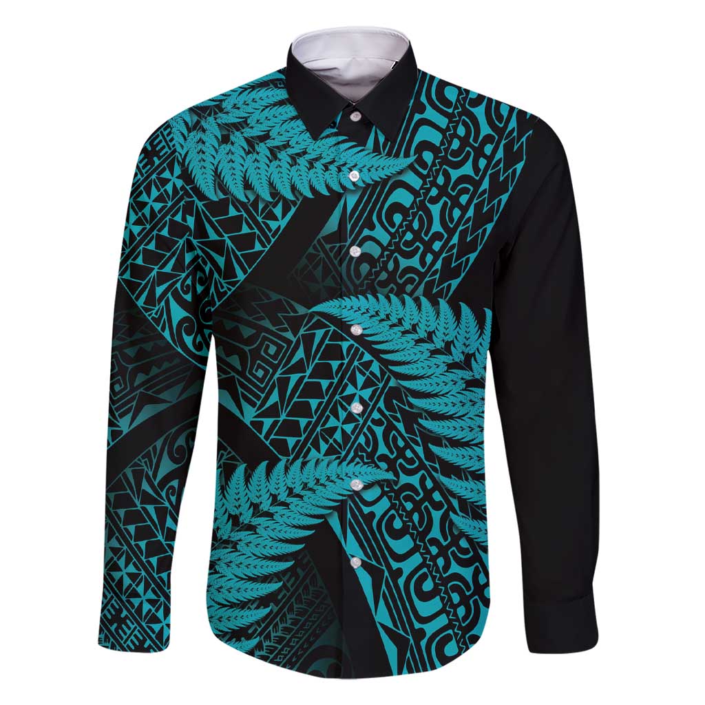New Zealand Rugby Pacific Personalised Family Matching Short Sleeve Bodycon Dress and Hawaiian Shirt All Turquoise Maori Pasifika Fern Pattern LT9 Dad's Shirt - Long Sleeve Turquoise - Polynesian Pride