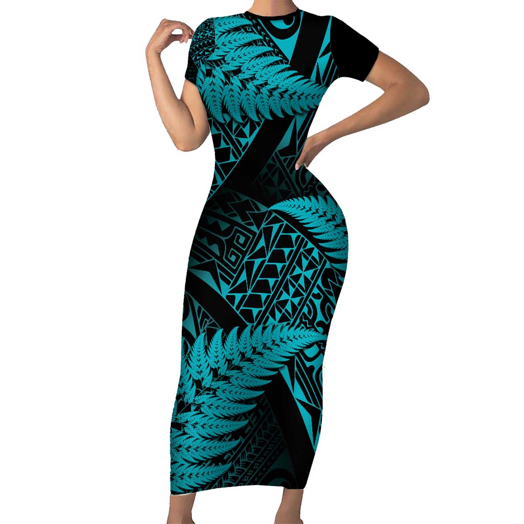 New Zealand Rugby Pacific Personalised Family Matching Short Sleeve Bodycon Dress and Hawaiian Shirt All Turquoise Maori Pasifika Fern Pattern LT9 Mom's Dress Turquoise - Polynesian Pride