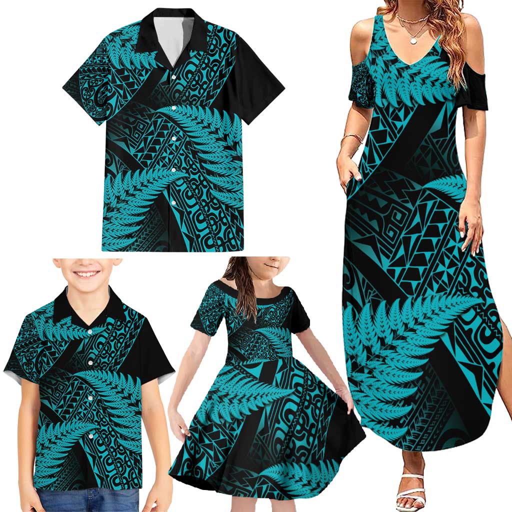 New Zealand Rugby Pacific Personalised Family Matching Summer Maxi Dress and Hawaiian Shirt All Turquoise Maori Pasifika Fern Pattern LT9 - Polynesian Pride