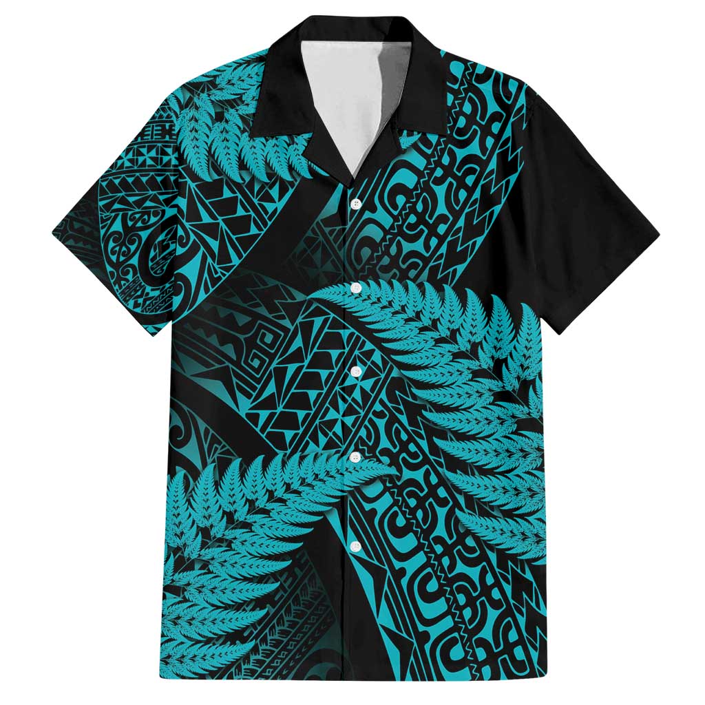 New Zealand Rugby Pacific Personalised Family Matching Summer Maxi Dress and Hawaiian Shirt All Turquoise Maori Pasifika Fern Pattern LT9 Dad's Shirt - Short Sleeve Turquoise - Polynesian Pride