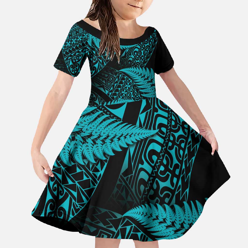 New Zealand Rugby Pacific Personalised Family Matching Tank Maxi Dress and Hawaiian Shirt All Turquoise Maori Pasifika Fern Pattern LT9 Daughter's Dress Turquoise - Polynesian Pride