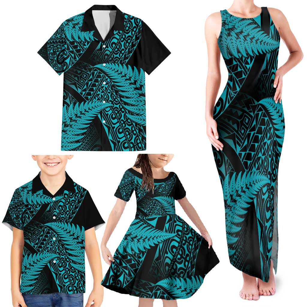 New Zealand Rugby Pacific Personalised Family Matching Tank Maxi Dress and Hawaiian Shirt All Turquoise Maori Pasifika Fern Pattern LT9 - Polynesian Pride