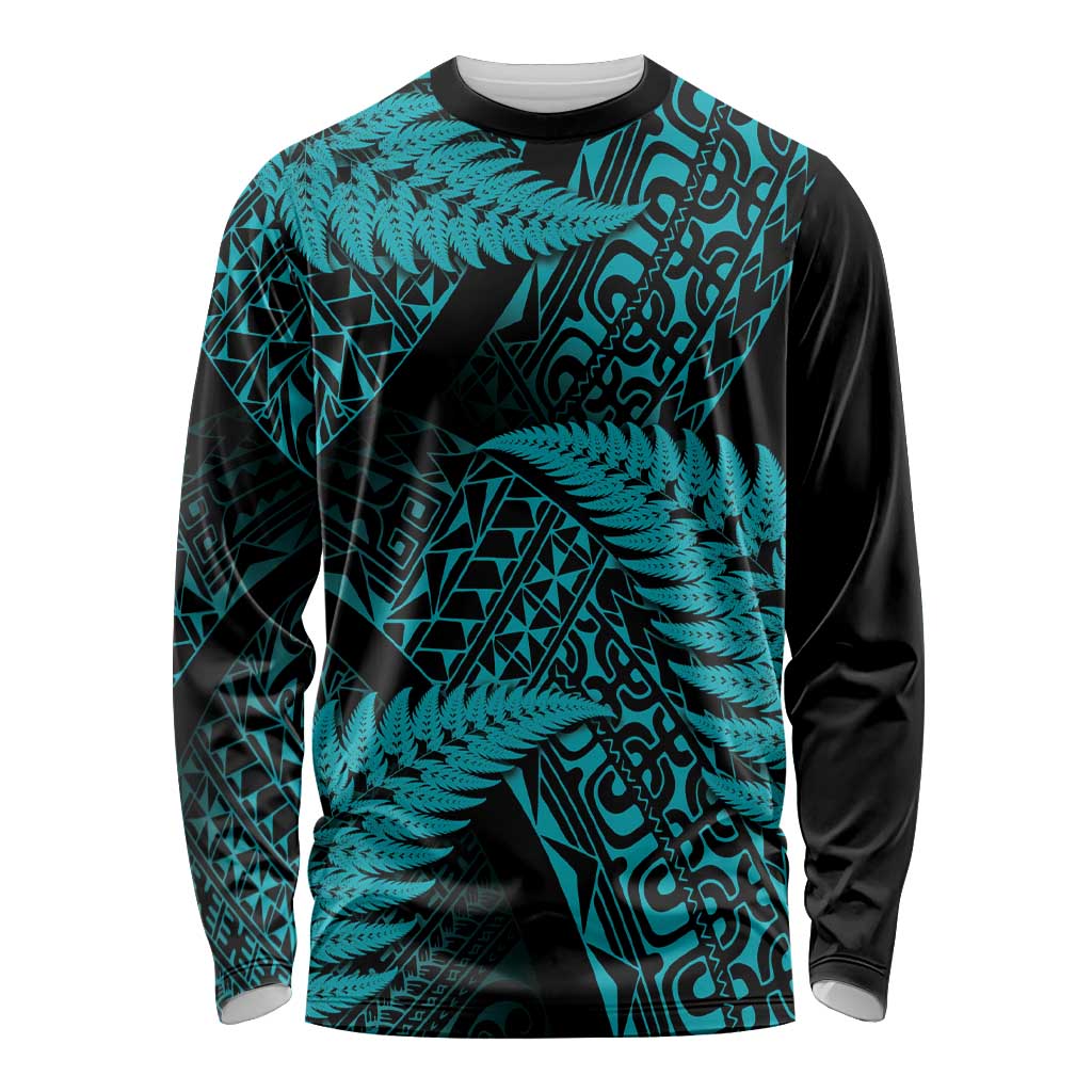 New Zealand Rugby Pacific Personalised Long Sleeve Shirt All Turquoise Maori Pasifika Fern Pattern LT9 Unisex Turquoise - Polynesian Pride