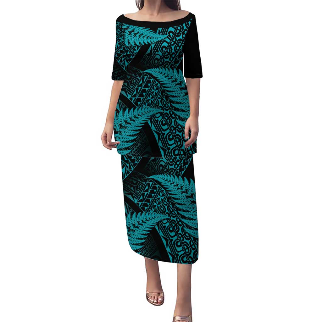 New Zealand Rugby Pacific Personalised Puletasi All Turquoise Maori Pasifika Fern Pattern LT9 Long Dress Turquoise - Polynesian Pride