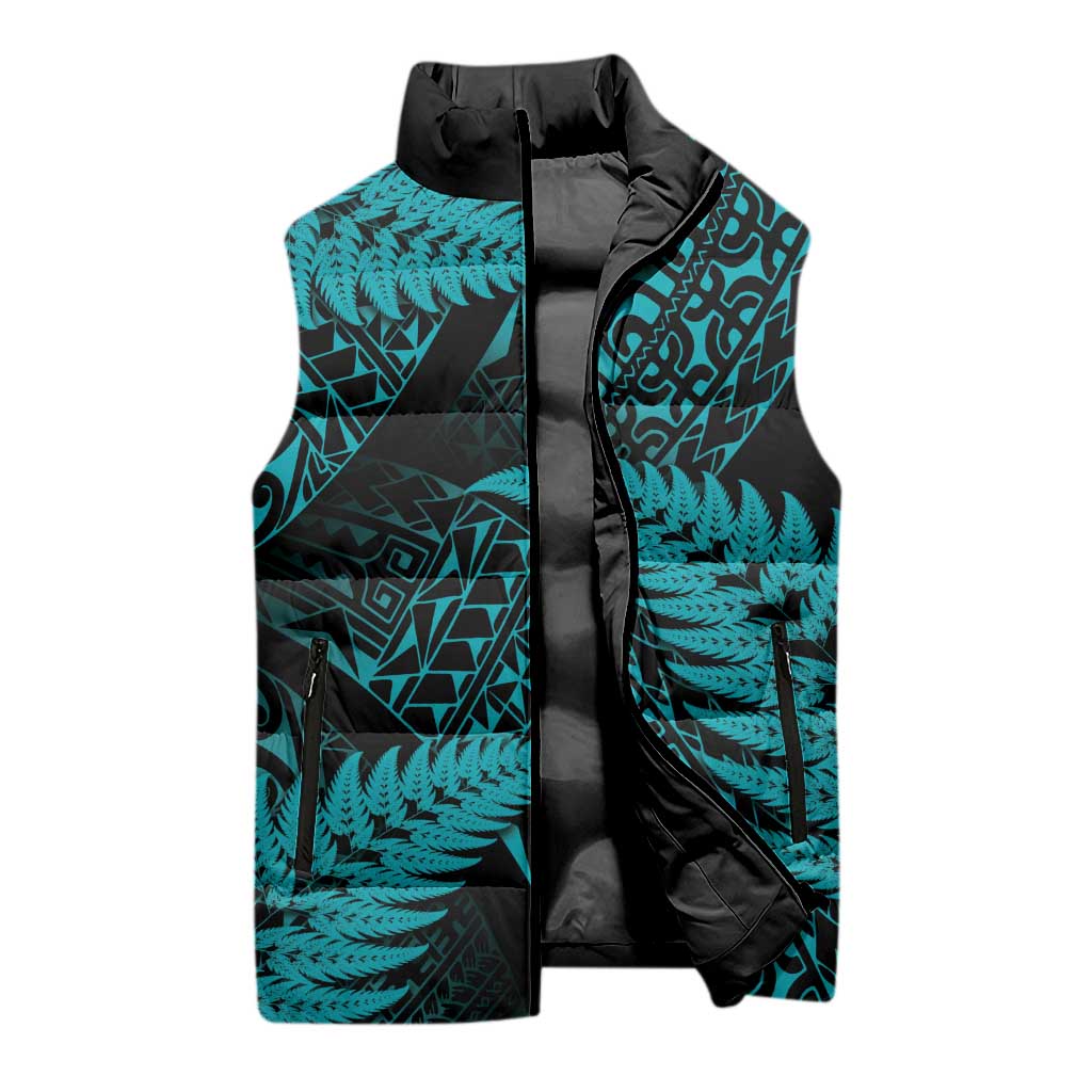 New Zealand Rugby Pacific Personalised Sleeveless Puffer Jacket All Turquoise Maori Pasifika Fern Pattern - Polynesian Pride