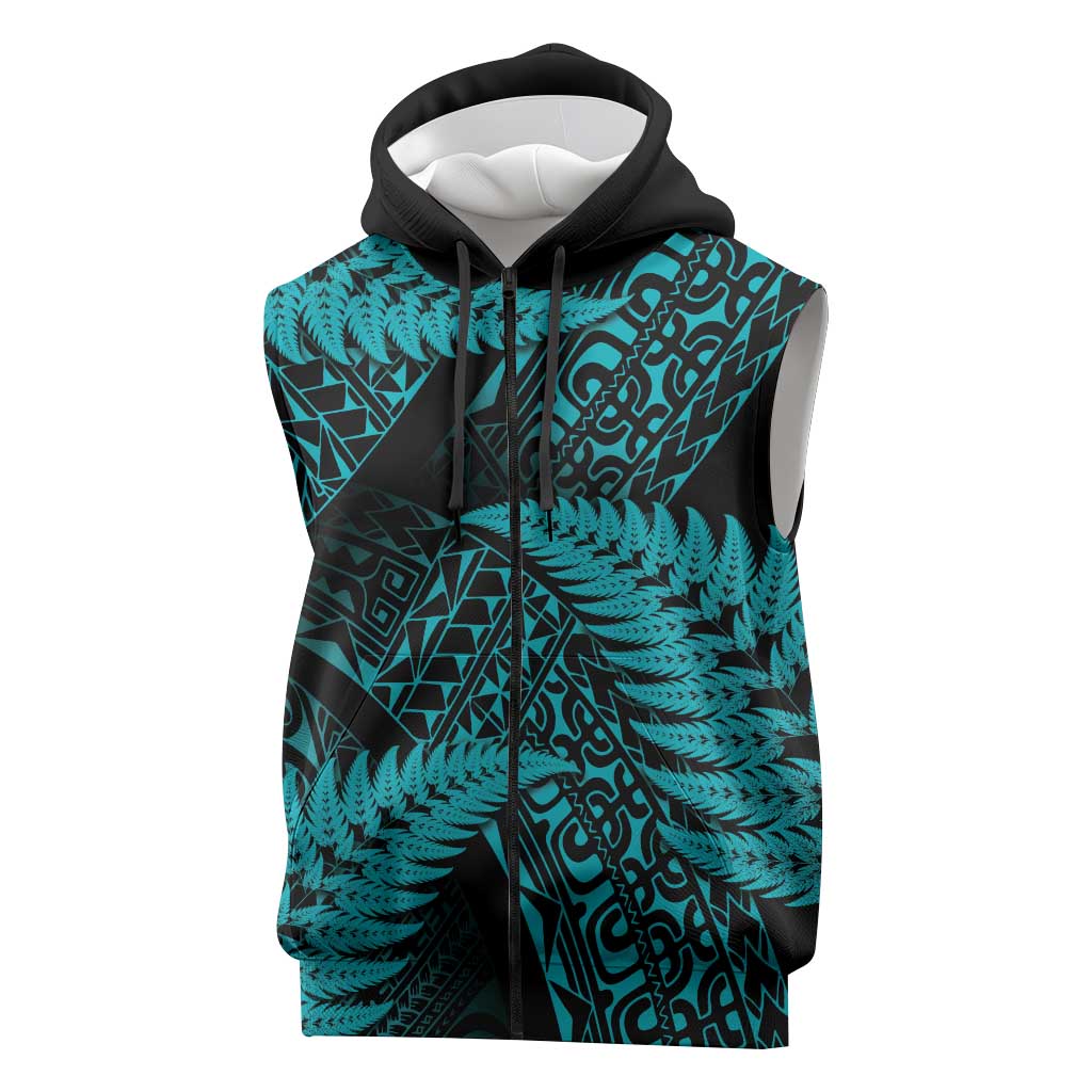 New Zealand Rugby Pacific Personalised Sleeveless Zip Hoodie All Turquoise Maori Pasifika Fern Pattern - Polynesian Pride
