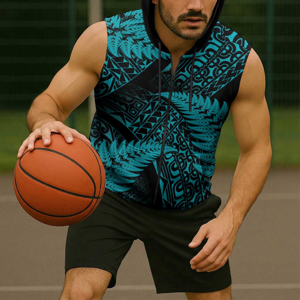 New Zealand Rugby Pacific Personalised Sleeveless Zip Hoodie All Turquoise Maori Pasifika Fern Pattern - Polynesian Pride
