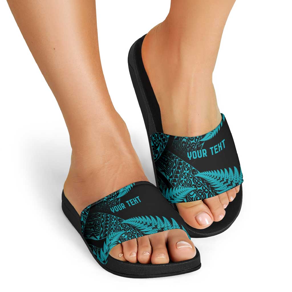 New Zealand Rugby Pacific Personalised Slide Sandals All Turquoise Maori Pasifika Fern Pattern - Polynesian Pride