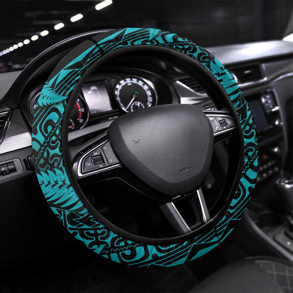 New Zealand Rugby Pacific Steering Wheel Cover All Turquoise Maori Pasifika Fern Pattern LT9 Universal Fit Turquoise - Polynesian Pride