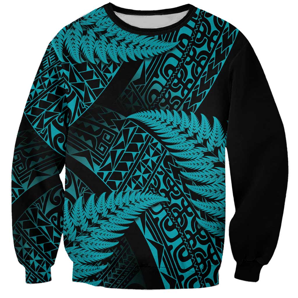 New Zealand Rugby Pacific Personalised Sweatshirt All Turquoise Maori Pasifika Fern Pattern LT9 Unisex Turquoise - Polynesian Pride