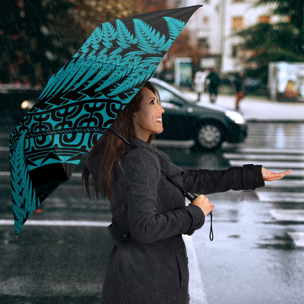 New Zealand Rugby Pacific Personalised Umbrella All Turquoise Maori Pasifika Fern Pattern - Polynesian Pride