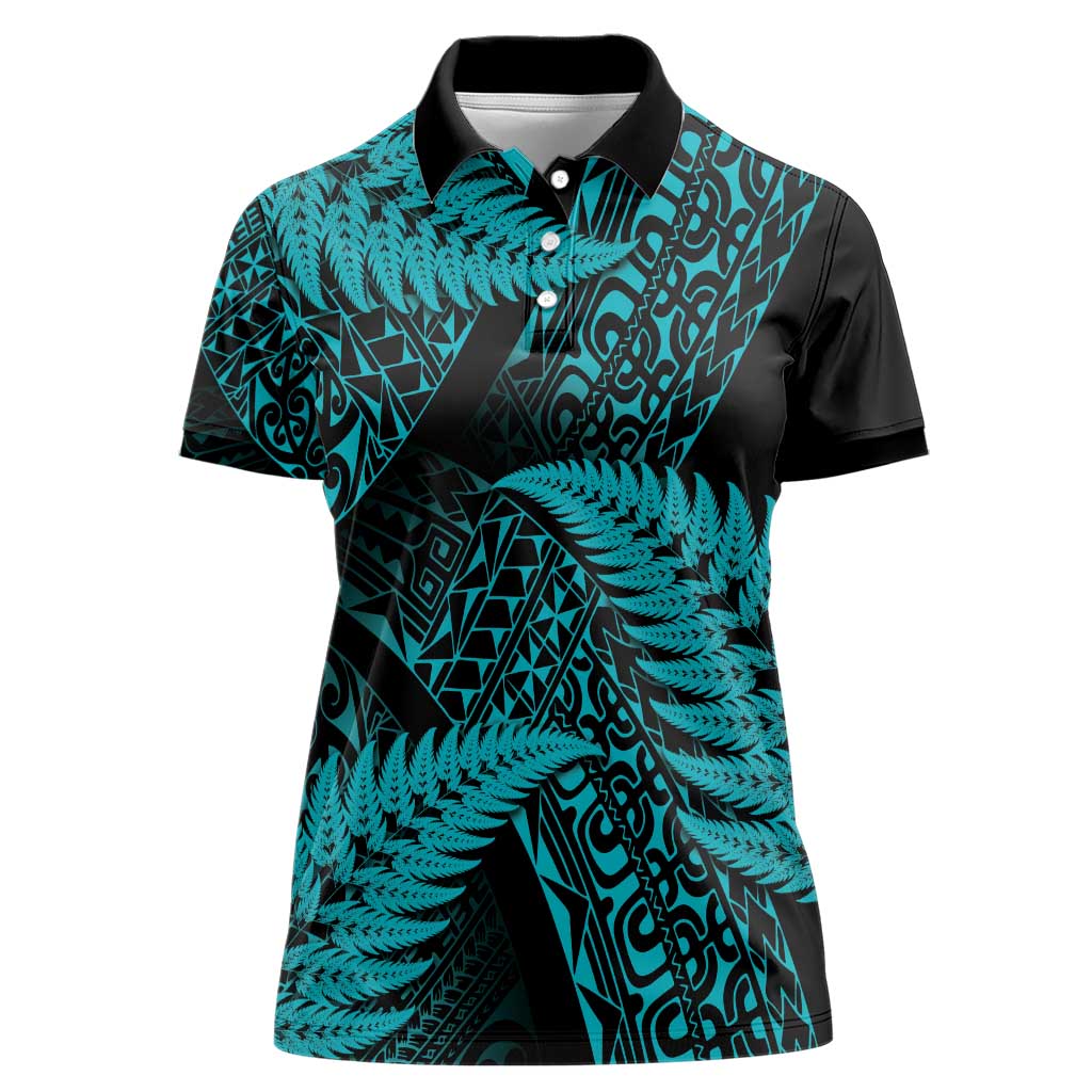 New Zealand Rugby Pacific Personalised Women Polo Shirt All Turquoise Maori Pasifika Fern Pattern