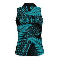 New Zealand Rugby Pacific Personalised Women Sleeveless Polo Shirt All Turquoise Maori Pasifika Fern Pattern