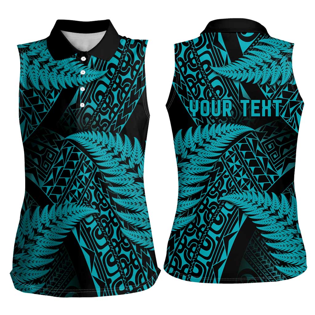 New Zealand Rugby Pacific Personalised Women Sleeveless Polo Shirt All Turquoise Maori Pasifika Fern Pattern