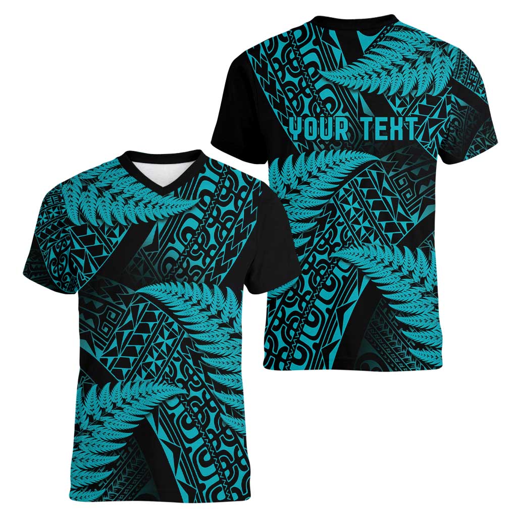 New Zealand Rugby Pacific Personalised Women V-Neck T-Shirt All Turquoise Maori Pasifika Fern Pattern LT9 - Polynesian Pride