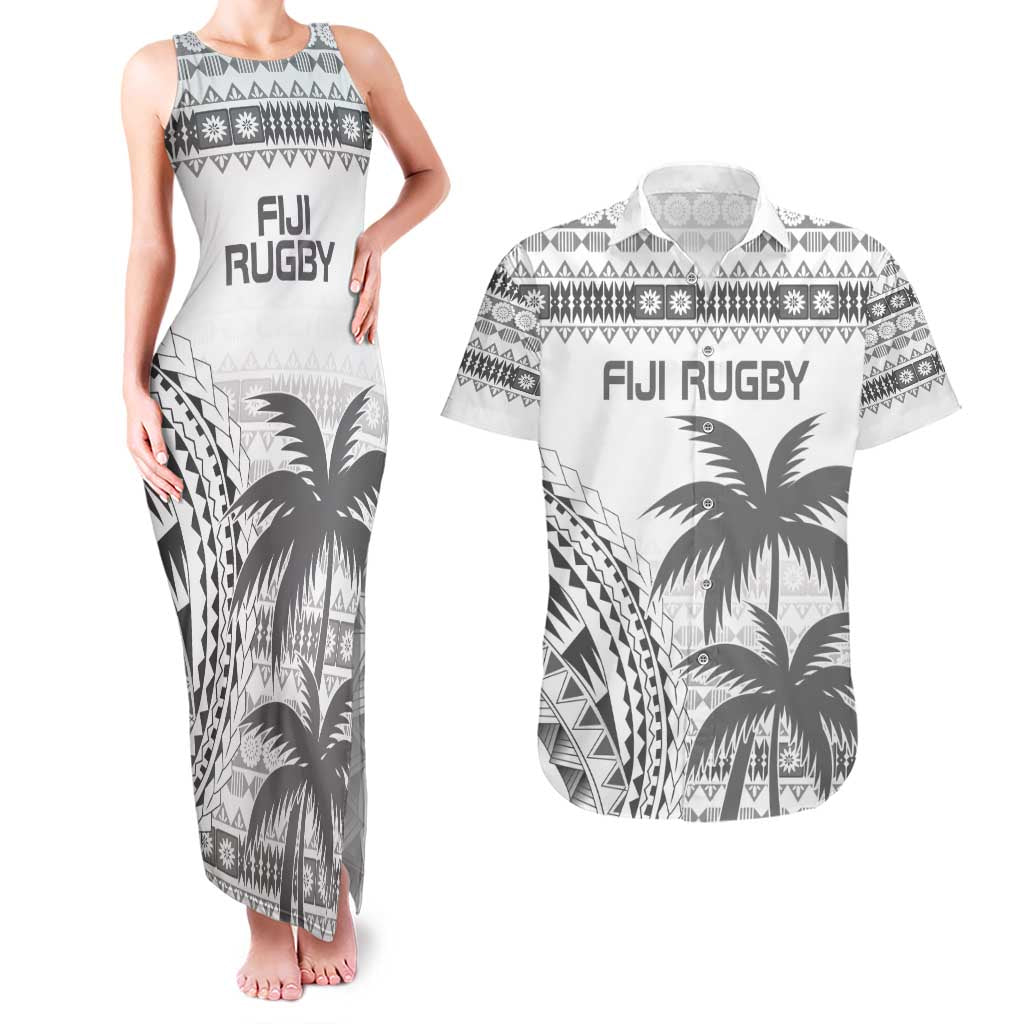 Custom Fiji Rugby Couples Matching Tank Maxi Dress and Hawaiian Shirt Polynesian Fijian Masi Palm Tree LT9 White - Polynesian Pride