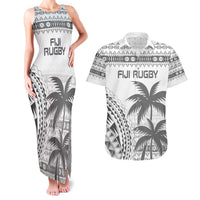 Custom Fiji Rugby Couples Matching Tank Maxi Dress and Hawaiian Shirt Polynesian Fijian Masi Palm Tree LT9 White - Polynesian Pride