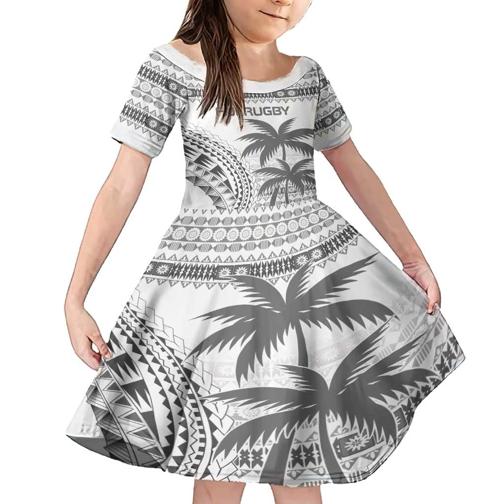 Custom Fiji Rugby Family Matching Long Sleeve Bodycon Dress and Hawaiian Shirt Polynesian Fijian Masi Palm Tree LT9 Daughter's Dress White - Polynesian Pride