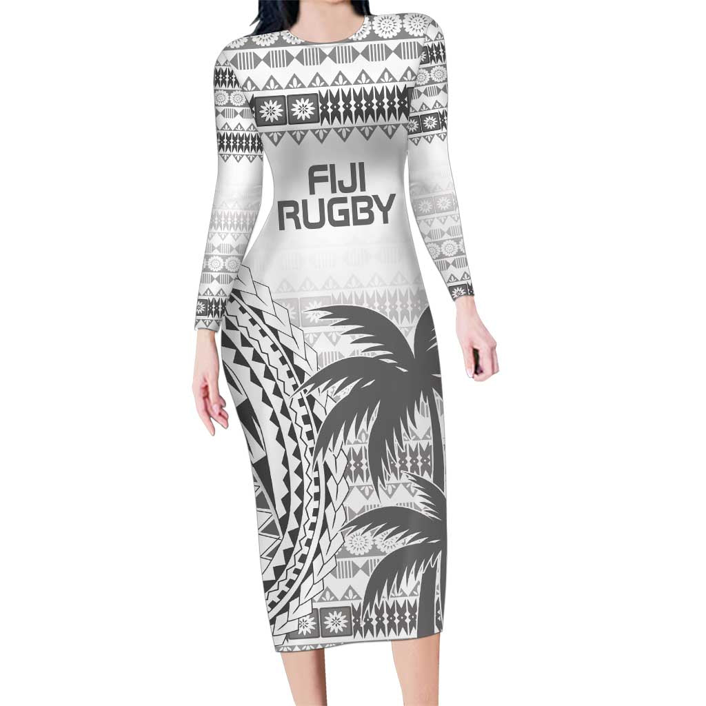 Custom Fiji Rugby Family Matching Long Sleeve Bodycon Dress and Hawaiian Shirt Polynesian Fijian Masi Palm Tree LT9 Mom's Dress White - Polynesian Pride