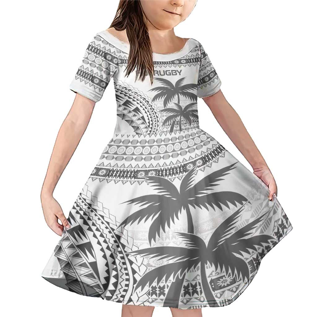 Custom Fiji Rugby Family Matching Mermaid Dress and Hawaiian Shirt Polynesian Fijian Masi Palm Tree LT9 Daughter's Dress White - Polynesian Pride