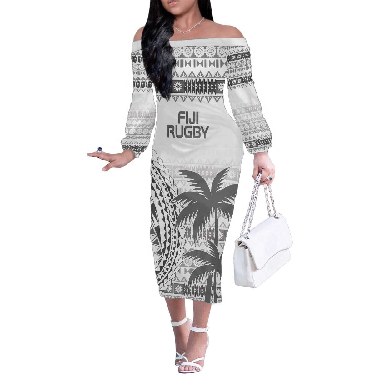 Custom Fiji Rugby Family Matching Off The Shoulder Long Sleeve Dress and Hawaiian Shirt Polynesian Fijian Masi Palm Tree LT9 Mom's Dress White - Polynesian Pride
