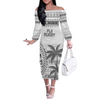 Custom Fiji Rugby Family Matching Off The Shoulder Long Sleeve Dress and Hawaiian Shirt Polynesian Fijian Masi Palm Tree LT9 Mom's Dress White - Polynesian Pride
