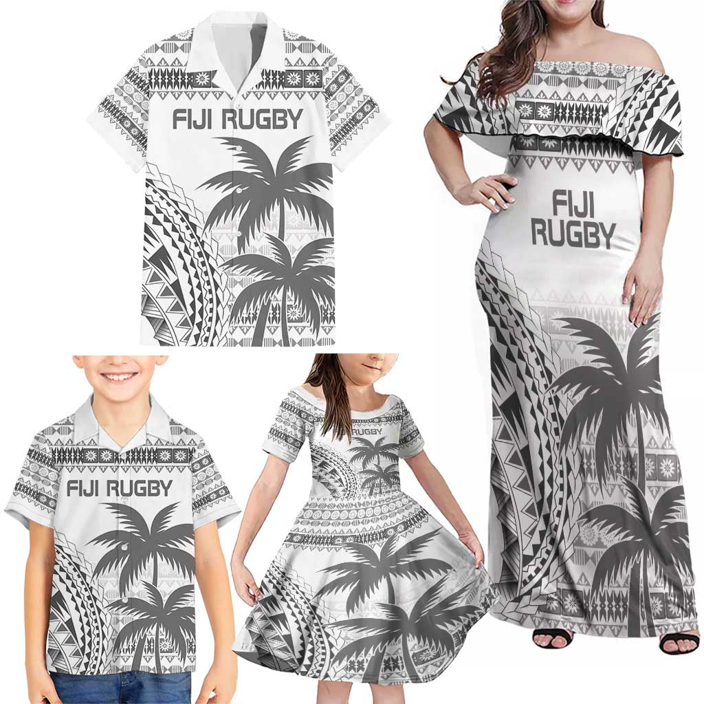 Custom Fiji Rugby Family Matching Off Shoulder Maxi Dress and Hawaiian Shirt Polynesian Fijian Masi Palm Tree LT9 - Polynesian Pride