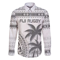 Custom Fiji Rugby Family Matching Off Shoulder Maxi Dress and Hawaiian Shirt Polynesian Fijian Masi Palm Tree LT9 Dad's Shirt - Long Sleeve White - Polynesian Pride