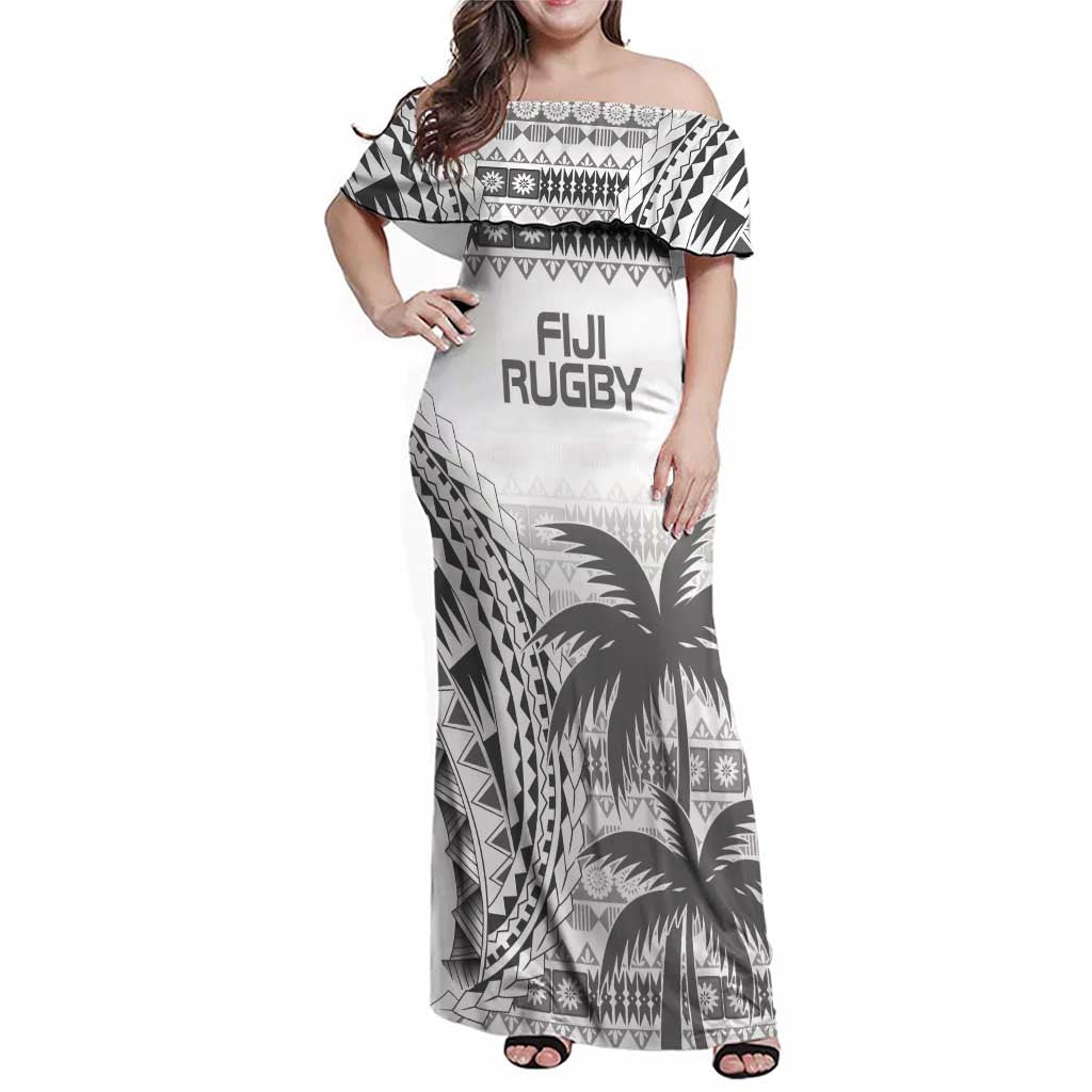 Custom Fiji Rugby Family Matching Off Shoulder Maxi Dress and Hawaiian Shirt Polynesian Fijian Masi Palm Tree LT9 Mom's Dress White - Polynesian Pride
