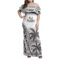 Custom Fiji Rugby Family Matching Off Shoulder Maxi Dress and Hawaiian Shirt Polynesian Fijian Masi Palm Tree LT9 Mom's Dress White - Polynesian Pride