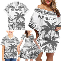 Custom Fiji Rugby Family Matching Off Shoulder Short Dress and Hawaiian Shirt Polynesian Fijian Masi Palm Tree LT9 - Polynesian Pride