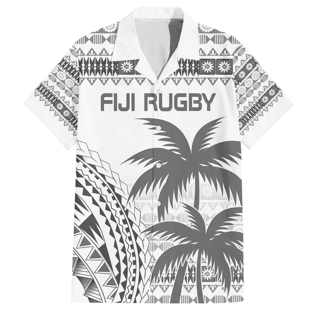 Custom Fiji Rugby Family Matching Off Shoulder Short Dress and Hawaiian Shirt Polynesian Fijian Masi Palm Tree LT9 Dad's Shirt - Short Sleeve White - Polynesian Pride