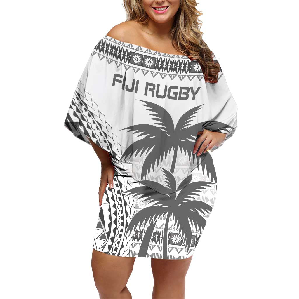 Custom Fiji Rugby Family Matching Off Shoulder Short Dress and Hawaiian Shirt Polynesian Fijian Masi Palm Tree LT9 Mom's Dress White - Polynesian Pride