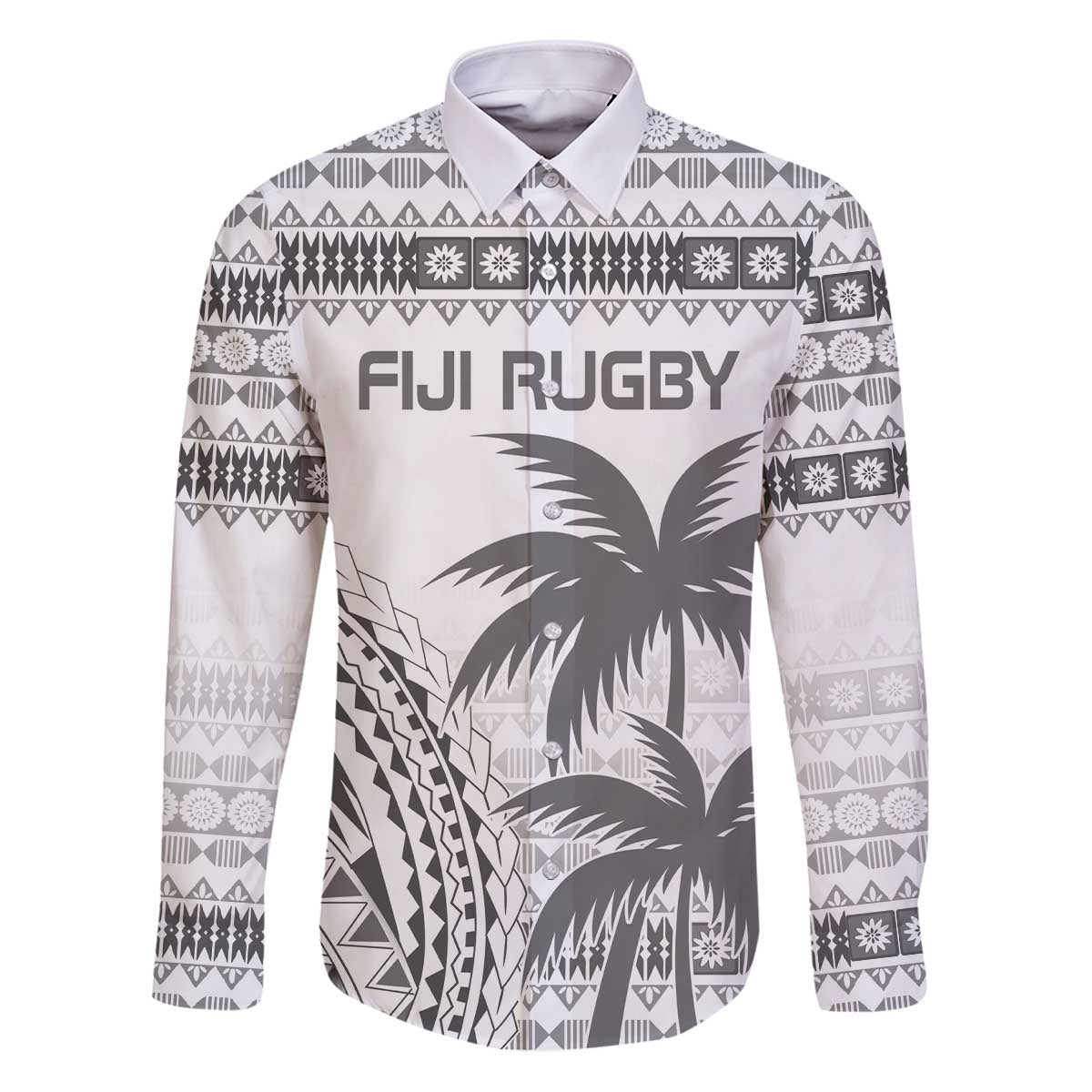 Custom Fiji Rugby Family Matching Puletasi and Hawaiian Shirt Polynesian Fijian Masi Palm Tree LT9 Dad's Shirt - Long Sleeve White - Polynesian Pride