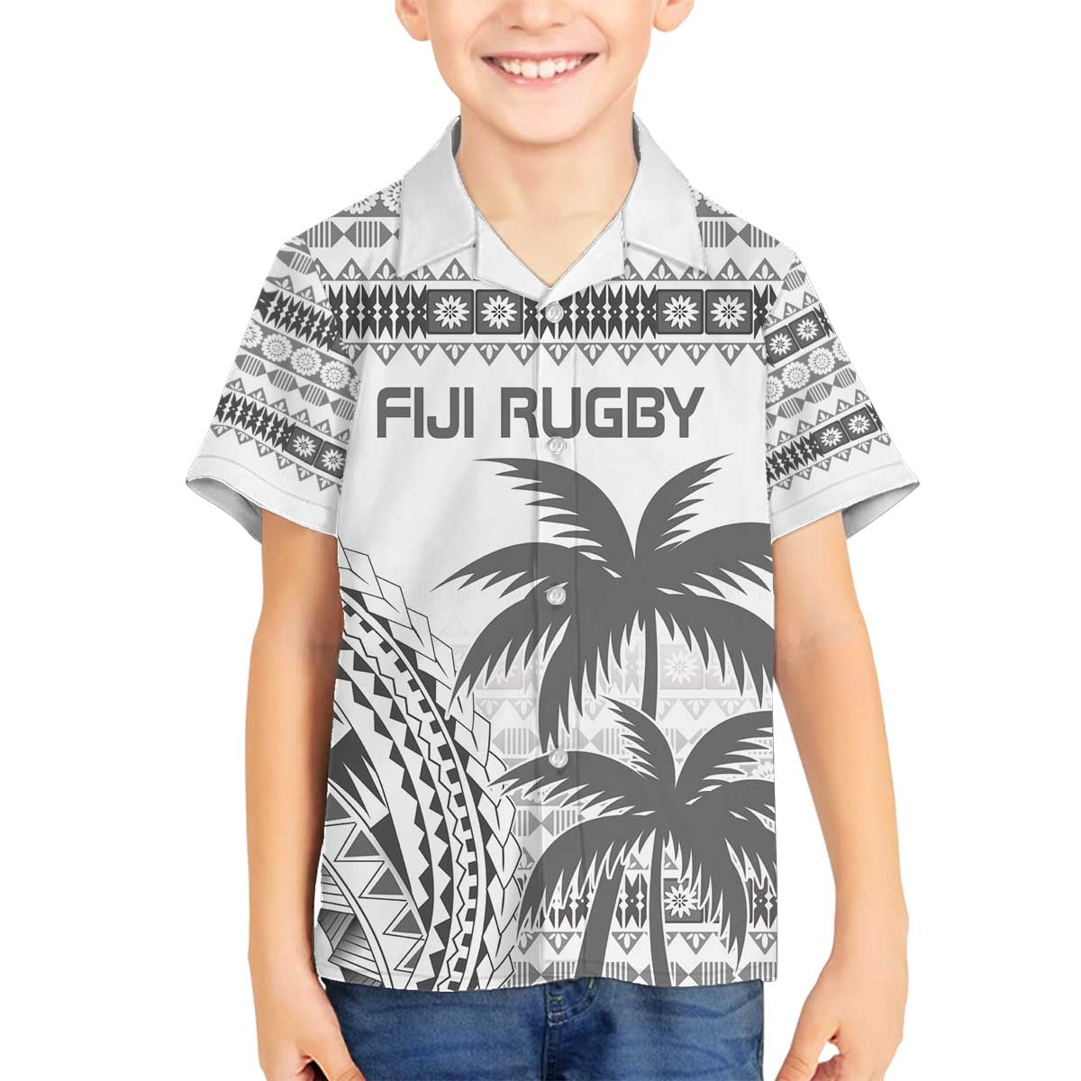Custom Fiji Rugby Family Matching Puletasi and Hawaiian Shirt Polynesian Fijian Masi Palm Tree LT9 Son's Shirt White - Polynesian Pride