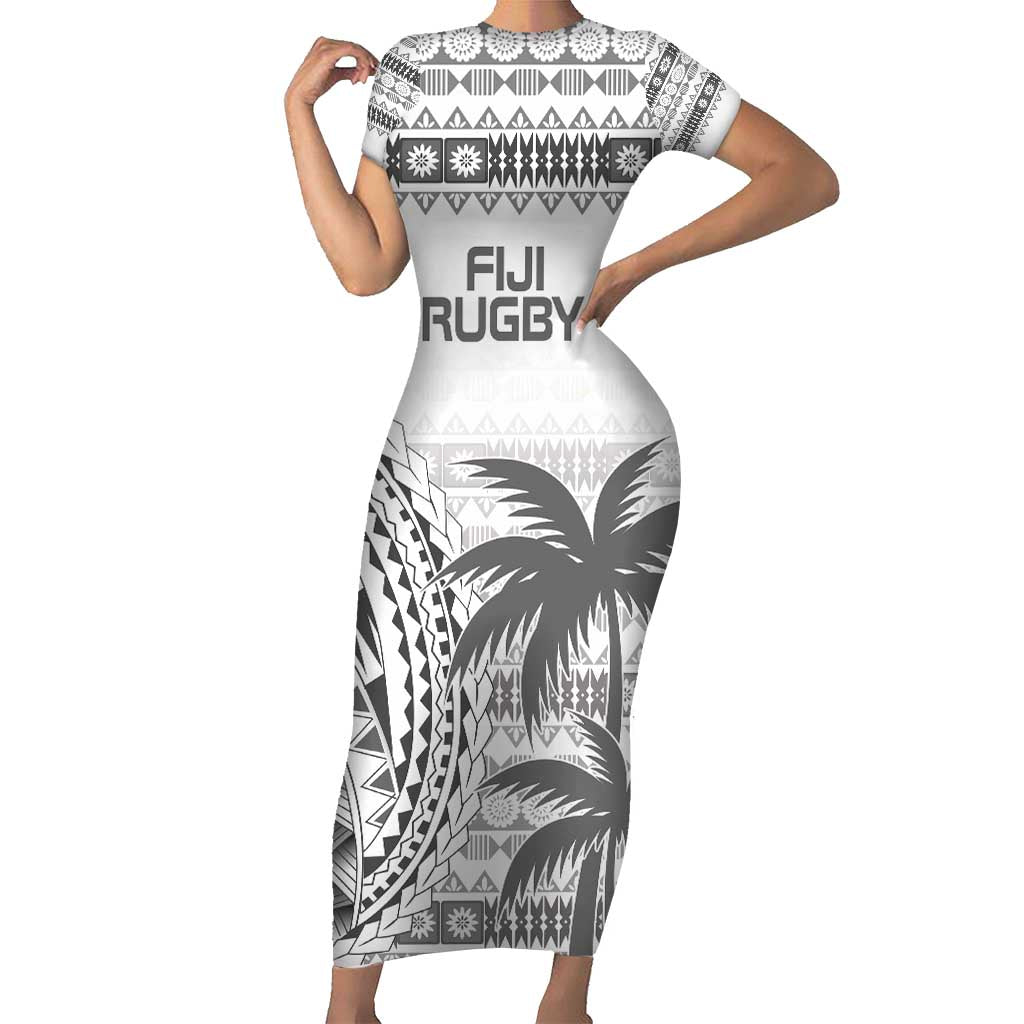 Custom Fiji Rugby Family Matching Short Sleeve Bodycon Dress and Hawaiian Shirt Polynesian Fijian Masi Palm Tree LT9 Mom's Dress White - Polynesian Pride