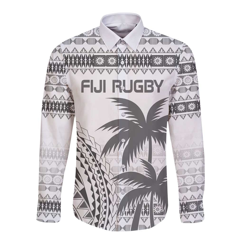 Custom Fiji Rugby Long Sleeve Button Shirt Polynesian Fijian Masi Palm Tree