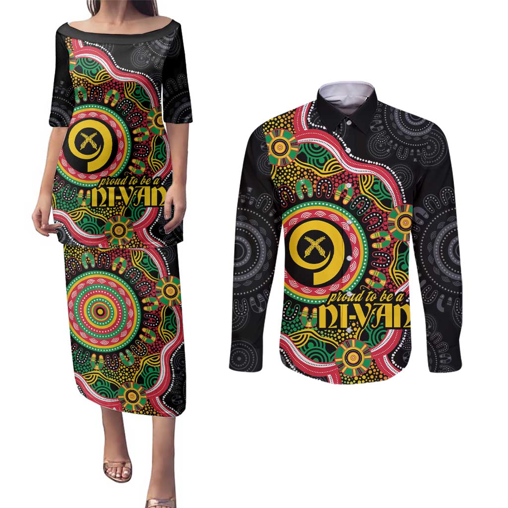 Vanuatu Personalised Couples Matching Puletasi and Long Sleeve Button Shirt Aboriginal Dot Paitnting - Polynesian Pride