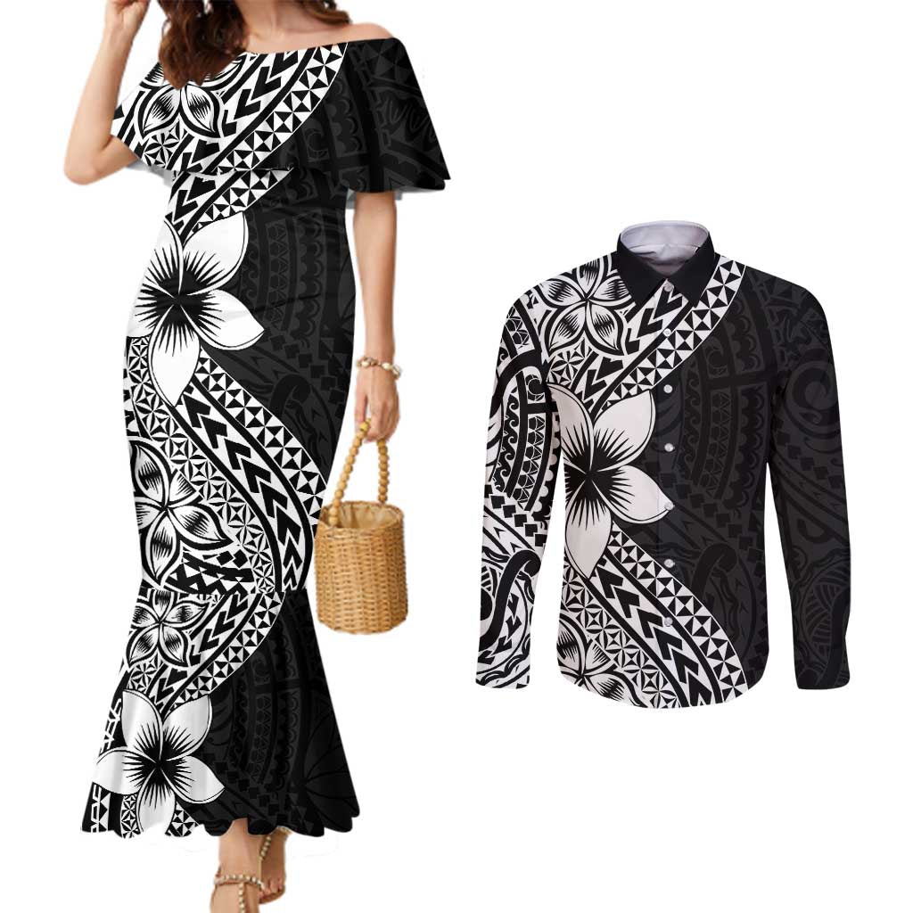 Lotu Tamaiti White Sunday Couples Matching Mermaid Dress and Long Sleeve Button Shirt Pacific Plumeria Flowers - Black Version