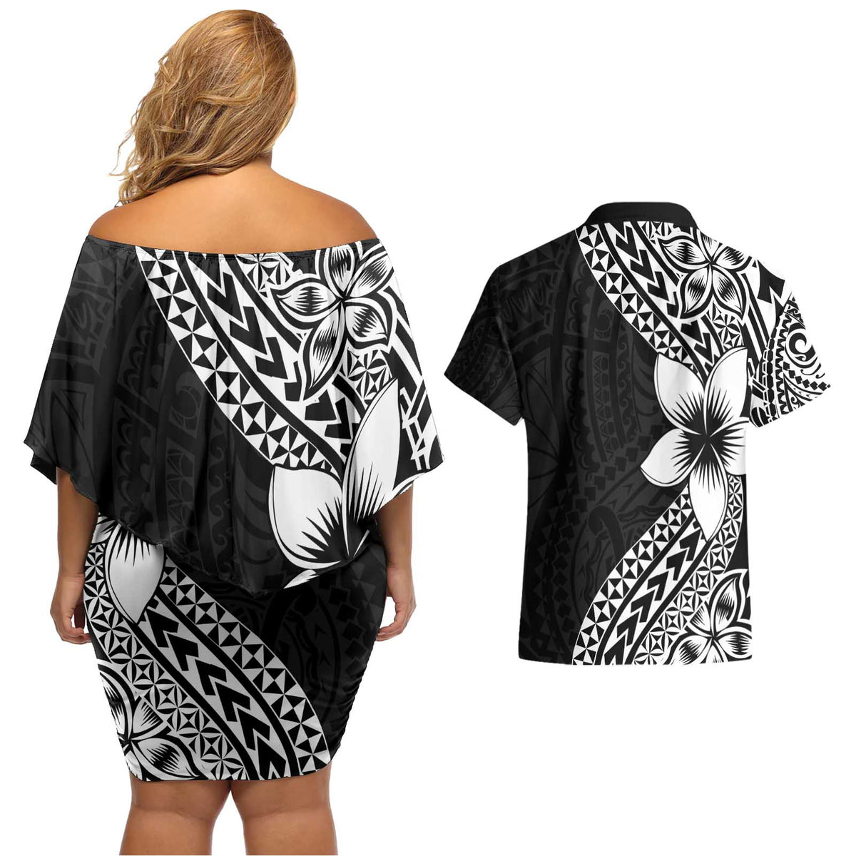 Lotu Tamaiti White Sunday Couples Matching Off Shoulder Short Dress and Hawaiian Shirt Pacific Plumeria Flowers - Black Version LT9 - Polynesian Pride