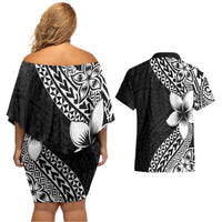 Lotu Tamaiti White Sunday Couples Matching Off Shoulder Short Dress and Hawaiian Shirt Pacific Plumeria Flowers - Black Version LT9 - Polynesian Pride