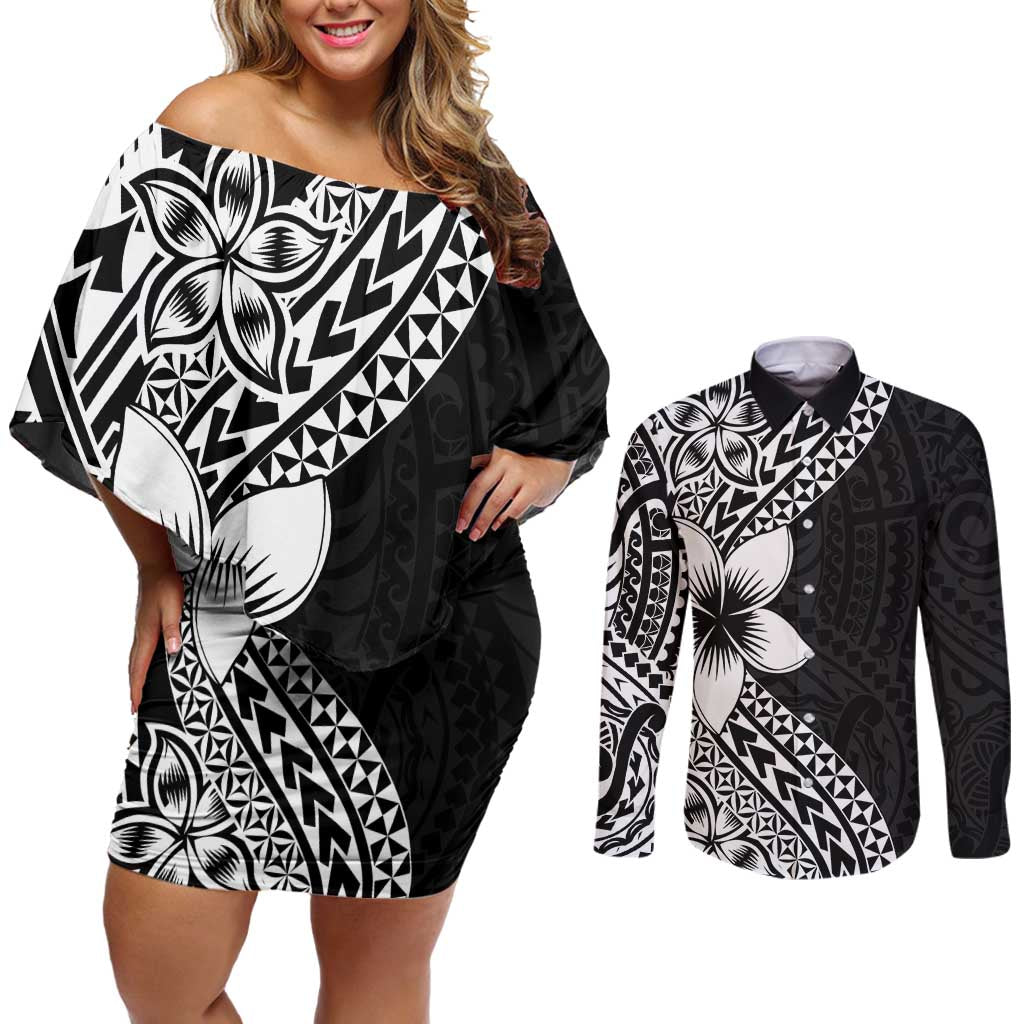 Lotu Tamaiti White Sunday Couples Matching Off Shoulder Short Dress and Long Sleeve Button Shirt Pacific Plumeria Flowers - Black Version