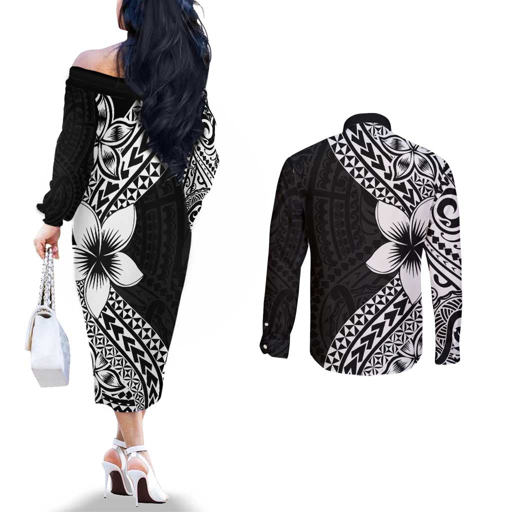 Lotu Tamaiti White Sunday Couples Matching Off The Shoulder Long Sleeve Dress and Long Sleeve Button Shirt Pacific Plumeria Flowers - Black Version LT9 - Polynesian Pride
