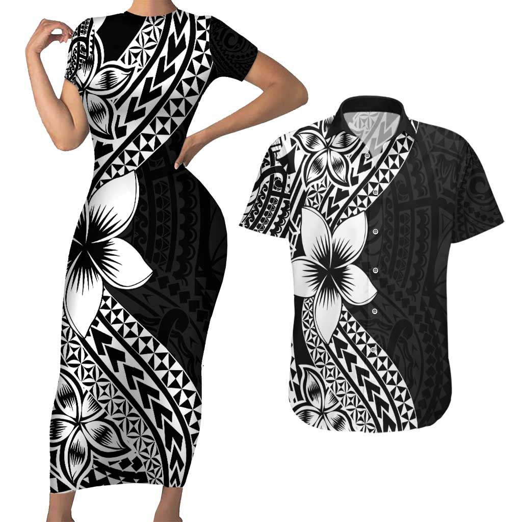 Lotu Tamaiti White Sunday Couples Matching Short Sleeve Bodycon Dress and Hawaiian Shirt Pacific Plumeria Flowers - Black Version LT9 Black - Polynesian Pride